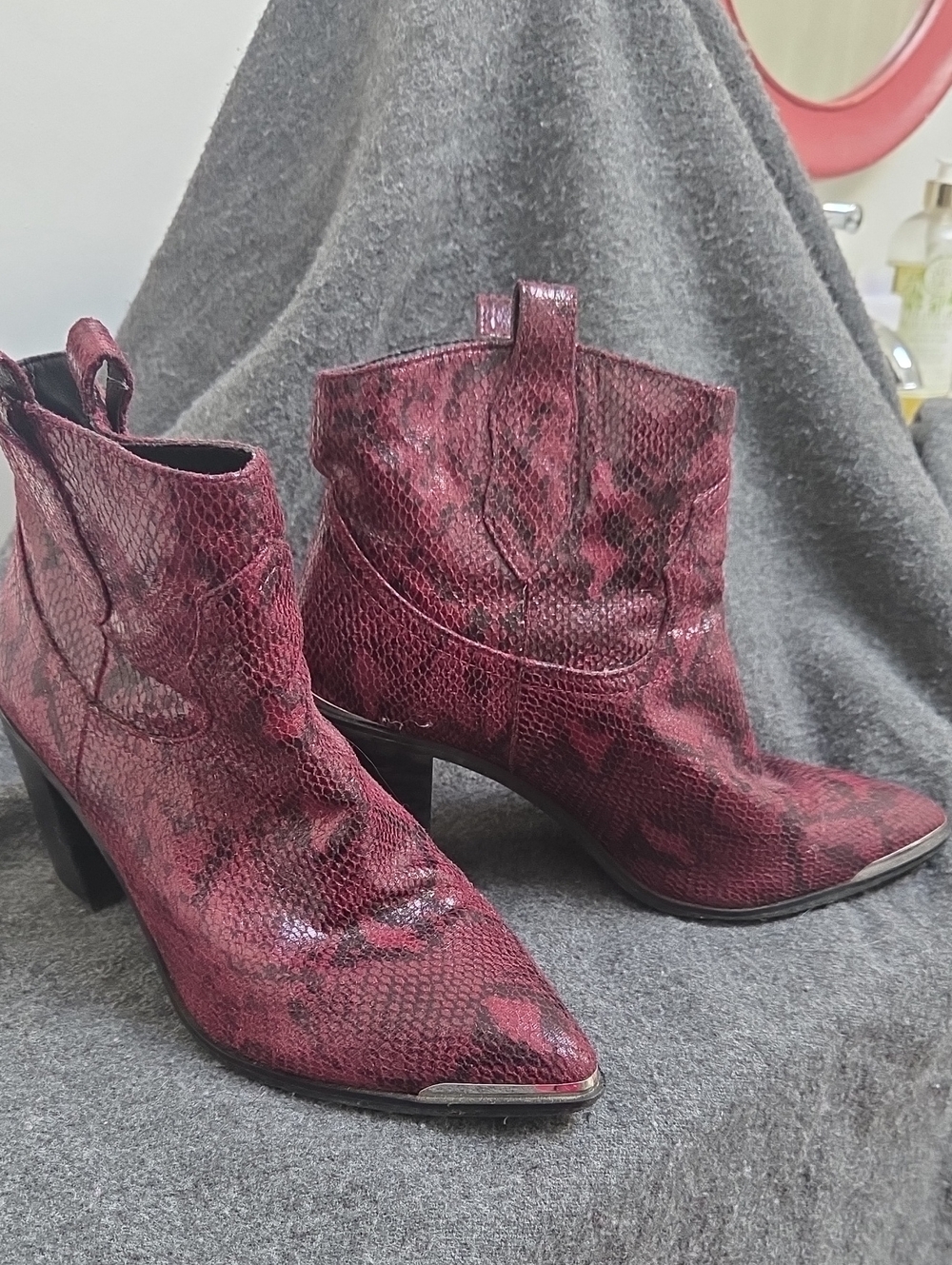 Steve Madden Burgundy Snake-Print Pointed Toe Ankle Booties 9.5